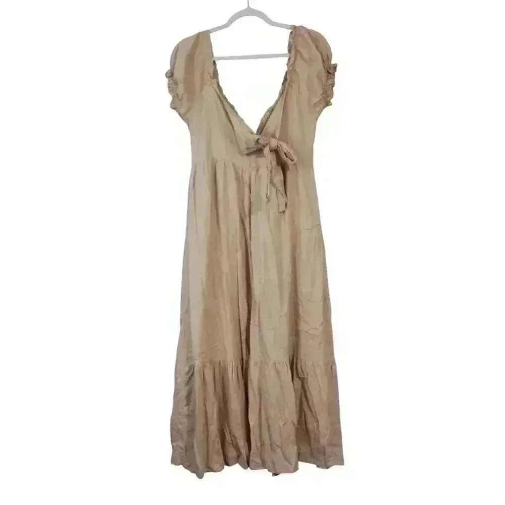 NWOT MABLE Tiered Midi Dress Size Large Beige Linen Cottagecore Minimalist Beach - Picture 8 of 15
